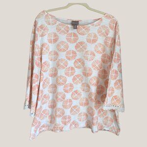 Chico's Orange White Geometric Tunic Top 3/4 Sleeve Lace Trim XXL 20